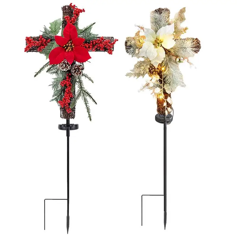 

Solar Cross For Garden With Pine Cones Red Berries Outdoor Landscape Light For Yard, Lawn, Patio, Pathway, Driveway, Cemetery