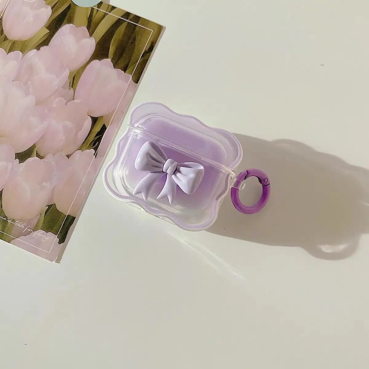 Pink Floral Bow Wave 3D Case with Keychain for Wireless Earbud Charging Cases