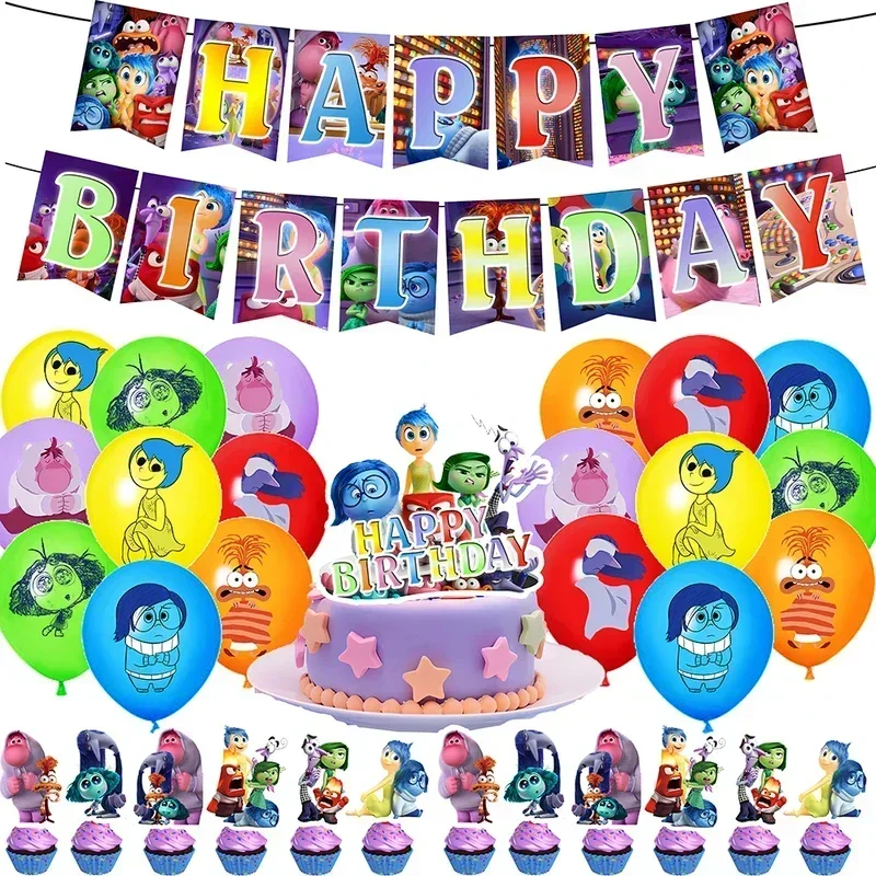 thumbnail image 1 of Kit de vajilla con temática de dibujos animados para decoración de fiestas de cumpleaños de Inside Out 2, globos, alegría y tristeza, suministros para niños, niños y niñas, juguetes de regalo, 1 of 5