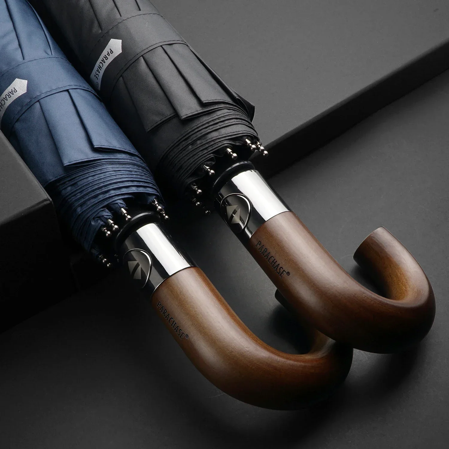 Parachase automatic folding umbrella wooden handle UV protection windproof 10 rib compact