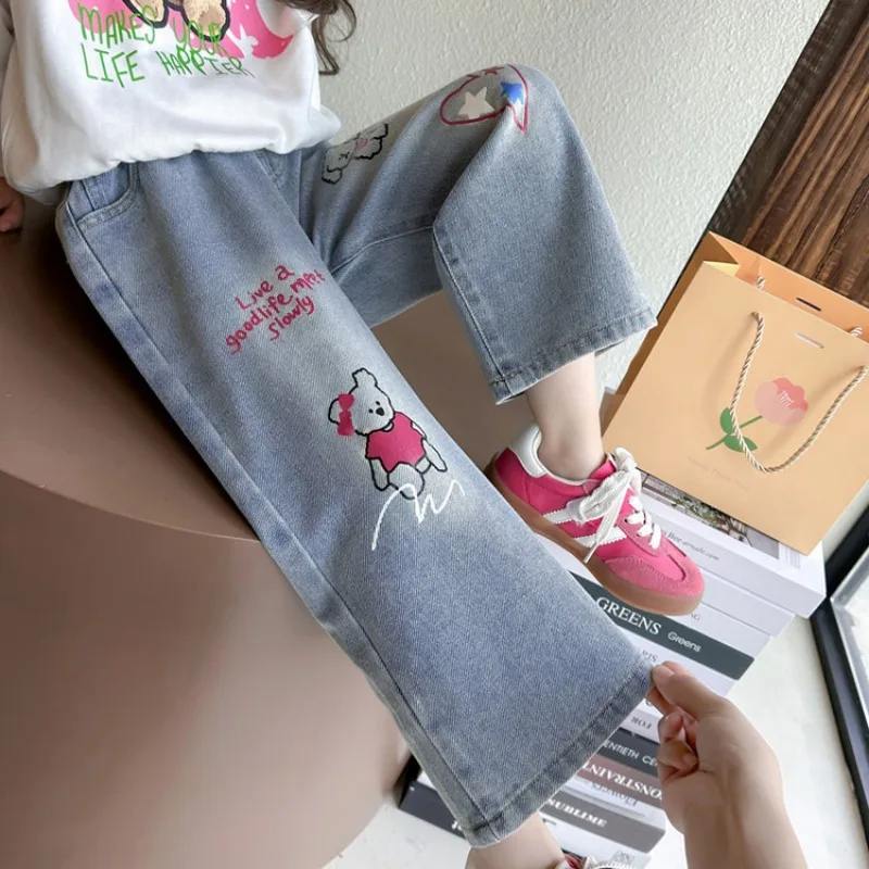 데님 캐주얼 바지 새로운 어린이 프린트 스트레이트 레그 롱 팬츠  야외 모기 퇴치 바지 어린이 얇은 데님 바지