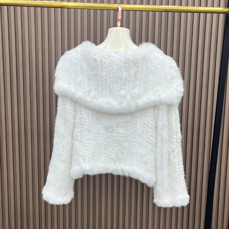 2025 Autumn Winter Women Real Natural Rabbit Fur Double Knitted Coat With Big Navy Collar Thick Warm Jacket Luxury Full Sleeves