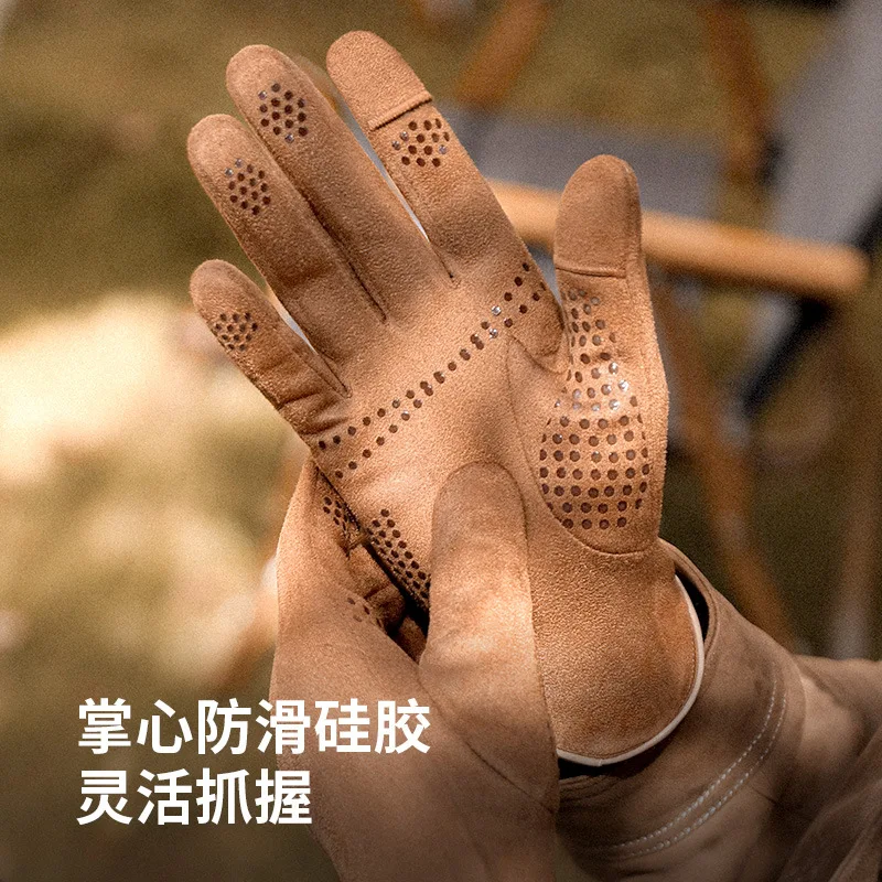 Winter warm gloves men's fingerless touch screen windproof and coldproof riding sports plus velvet thickened suede gloves