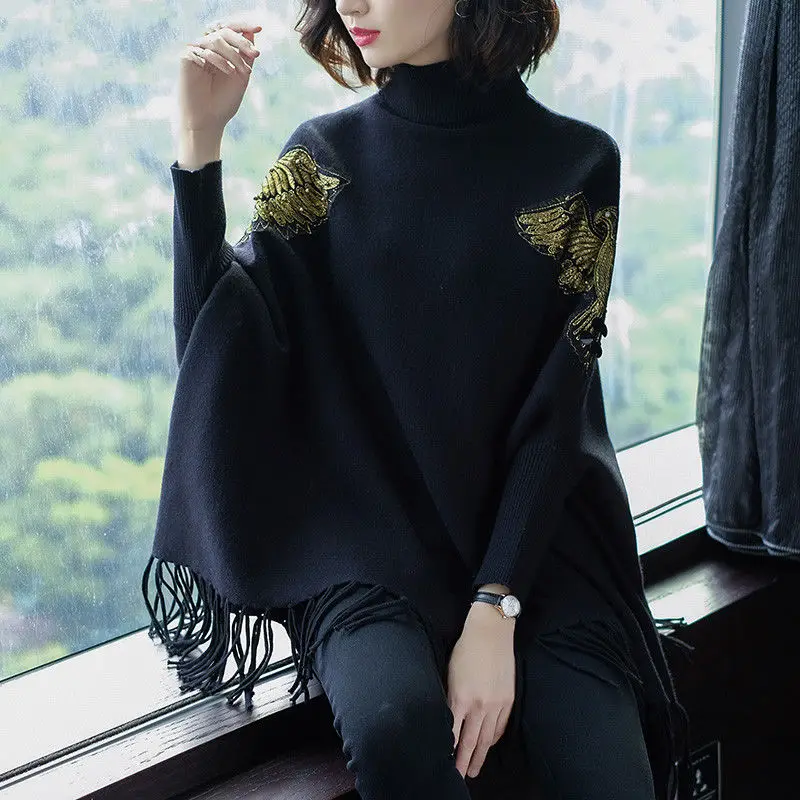 

Black Lazy Style Loose Turtleneck Sweater Poncho Female Bat Sleeve Fringed Knitted Sweater Poncho Pullover Women Spring Autumn