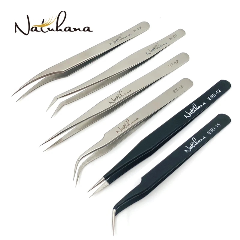 Precision Tweezers NATUHANA Eyelash Extension Tweezers Anti-static Straight Industrial Precision Curved Straight Lash Eyebrow Tweezers Makeup Tool