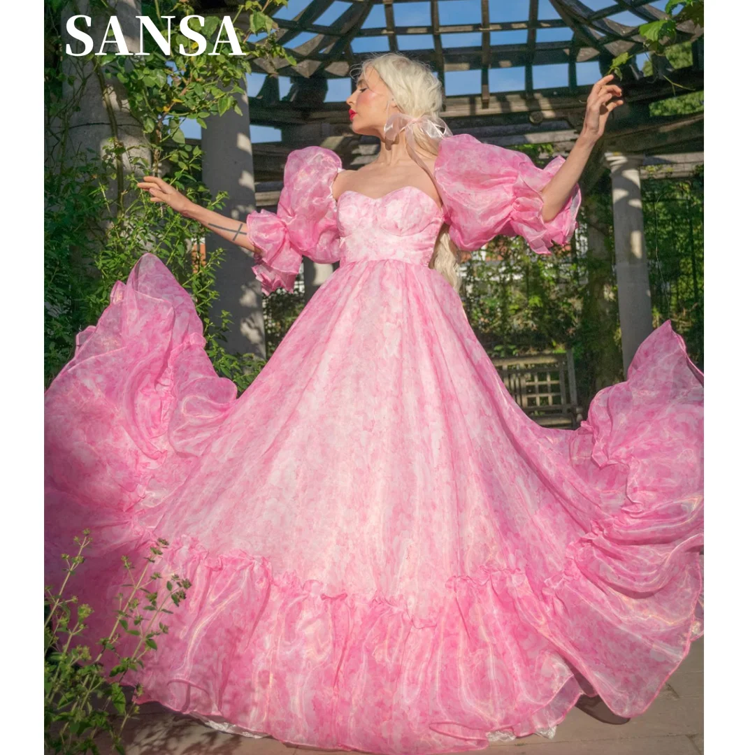 

Sansa Pink Floral Print فساتين السهرة A-line Chiffon Vestidos De Noche Sweetheart Puffy Sleeves Sweep Train Prom Dresses 2024