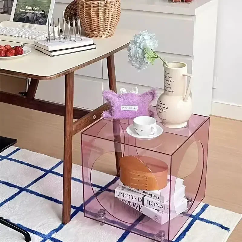 Acrylic Movable Trolley Coffee Table Sofa Side Table High-end Creative Bedside Large Capacity Storage Rack