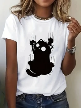 Girls Funny Climb Cute Cat Design Print T-shirt Short Sleeve Crew Neck Casual All Season Women's Clothing Top Tee 1