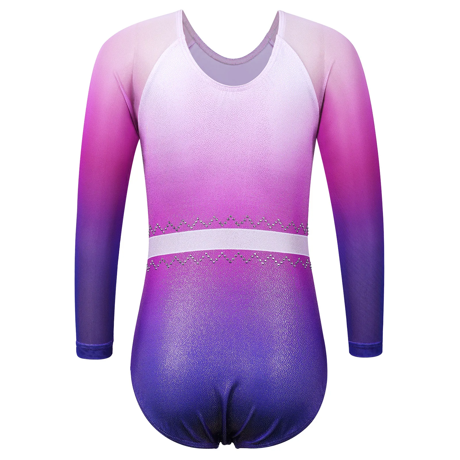 BAOHULU Sparkle Gymnastics Leotard For Girls Gradient Performance Clothes Rhinestone Bodysuit Long Sleeve Practice Wear