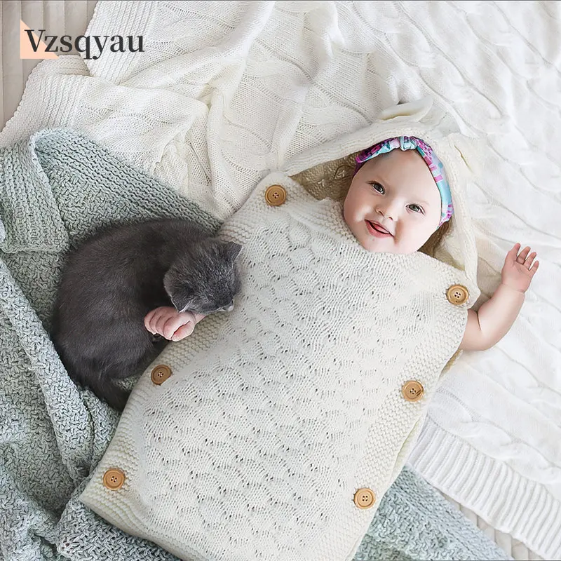 

Baby Sleeping Bags Knitted Solid Newborn Swaddle Wrap Zipper Villus Warm Winter Toddler Infant Sleep Sack Fashion Cute Fox Ears