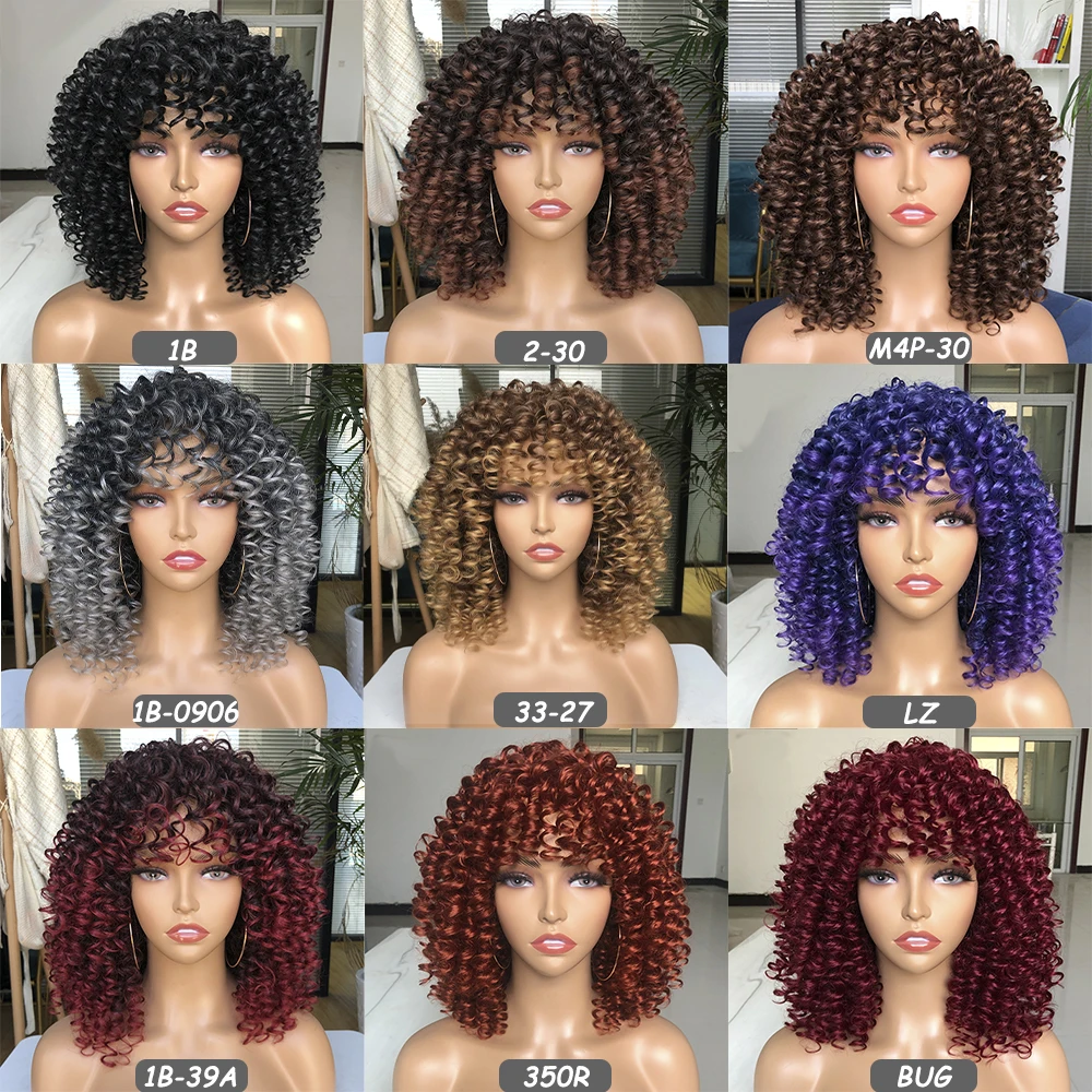 Short Curly Blonde Wig For Black Women Afro Kinky Curly Wig With Bangs Synthetic Wig Natural Glueless Ombre Brown Blonde Cosplay