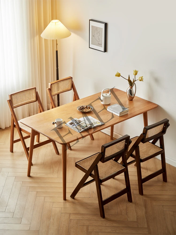 Retro Style Dining Chair Foldable French Rattan Chair Bar Ghost Solid Wood Furniture