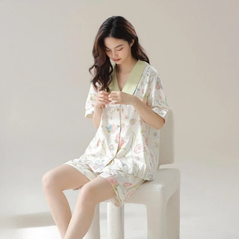 Summer Women's Thin Pure Cotton Pajamas Lapel Short Sleeve Casual Floral Home Clothing Set Girl's Sweet Lovely Sleepwear