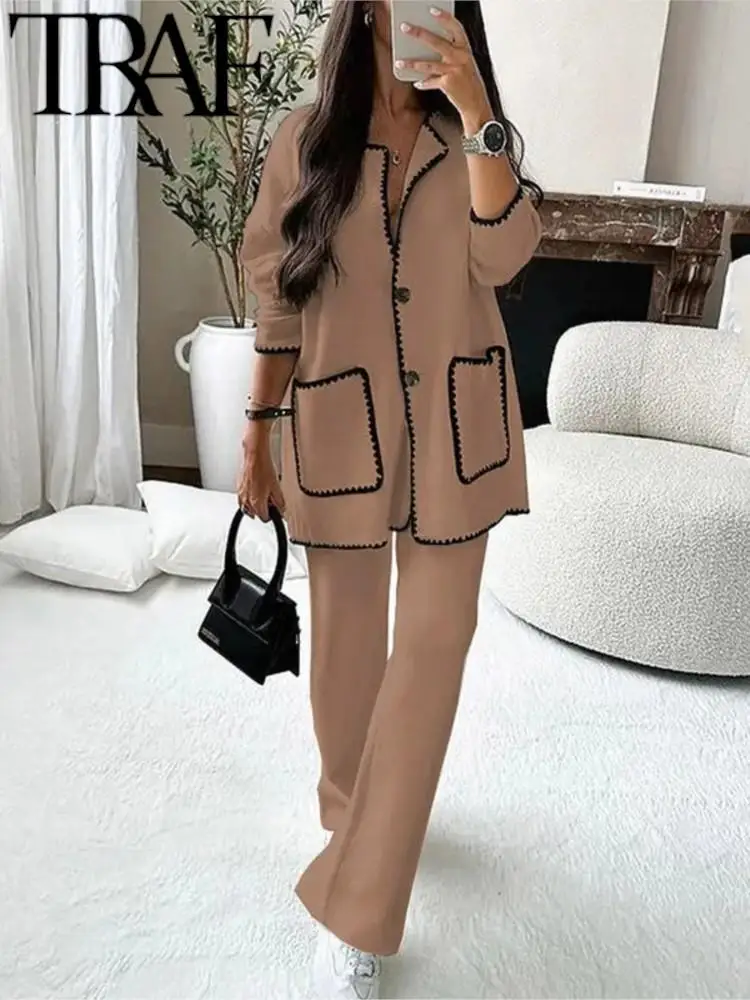 TRAF 2023 Winter Contrast Color Women Jacket Wide Pants Suits V Neck  Pockets Single Breasted Coat Female Crop Top Sets