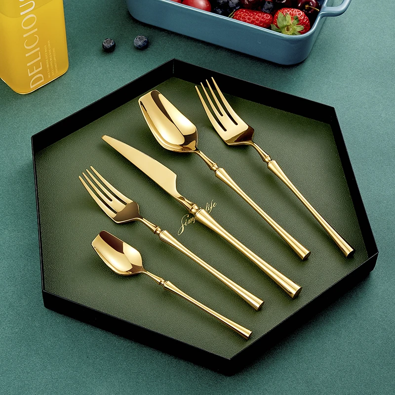 Gold 18/10 Stainless Steel Dinnerware Luxury Cutlery Meat Knives Fork Spoon Tableware Western Food Restaurant Dishwasher Safe Cutlery Set Western Style Cutlery Set Stainless Steel Cutlery Set