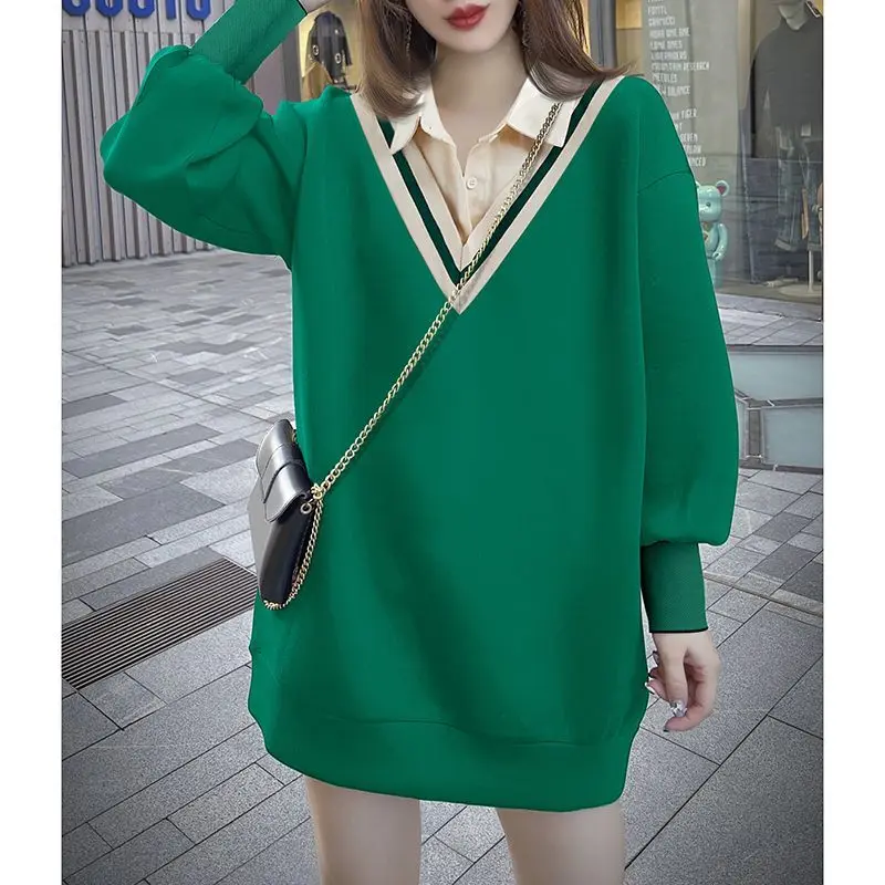 Spring Autumn Plus Size Clothes Korean Turn-down Collar Patchwork Puff Puff Long Sleeve All-match Loose Pullover Dress for Women