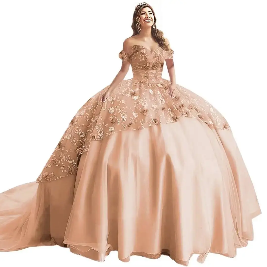 Off Shoulder Quinceanera Jurken 3d Gebloemde Baljurken Voor Dames Tule Galajurk Met Trein Sweet 16 Jurken Vestidos De 15 Quin