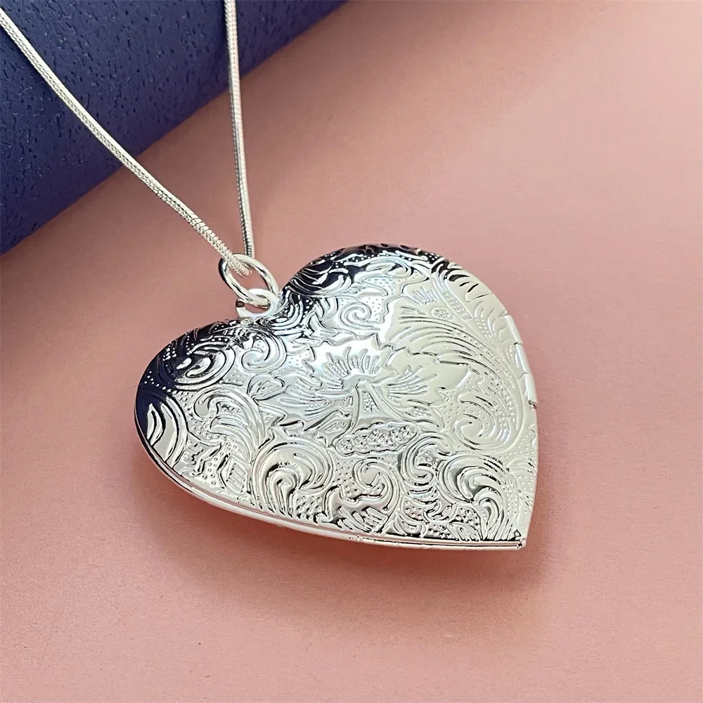 925 Sterling Silver Necklace Heart Shape Cross Photo Frame Pendant for Gift Women