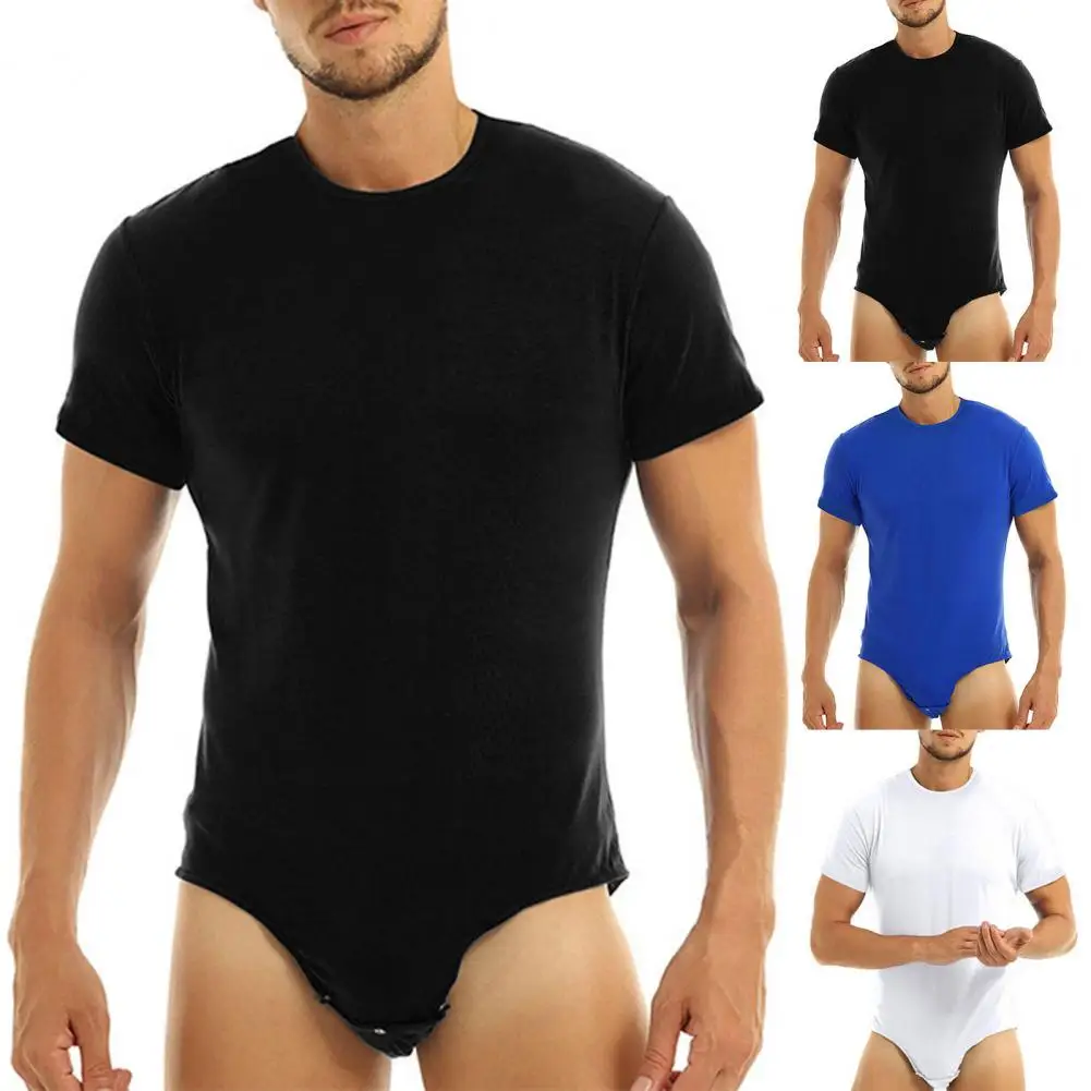 Men Adults Bodysuit Press Crotch Undershirts Short Sleeve Men Romper Pajamas Solid Color Bodysuit Pajamas Sleeping Supply - Image 4