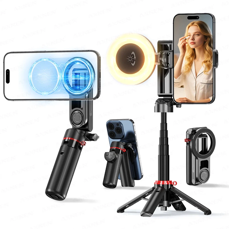 Magnetic Pocket Selfie Stick Desktop Mini Tripod 360° Rotating Phone Holder With Wireless Bluetooth Remote For_voghion.com