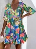 Plus size n women's dress, V-neck, flared short sleeved, loose and comfortable A-line design.