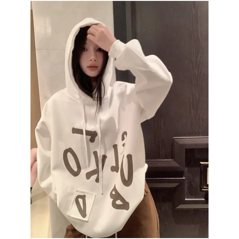 

Белая куртка, свитшот, женское винтажное пальто с капюшоном и надписью, уличная одежда с длинным рукавом, модная Повседневная Новинка Y2K, зимние женские плюшевые Топы