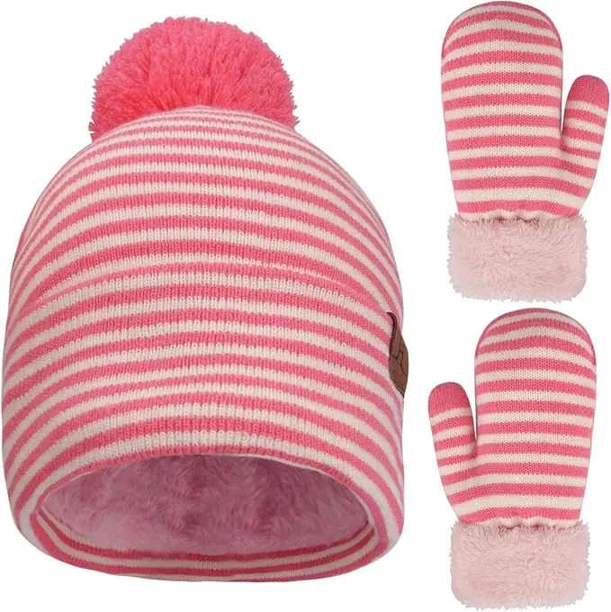 Winter Toddler Pom Beanie Hat and Mittens Gloves Set Warm Knit Fleece Lined for Boy Girl Kids Age 2-5