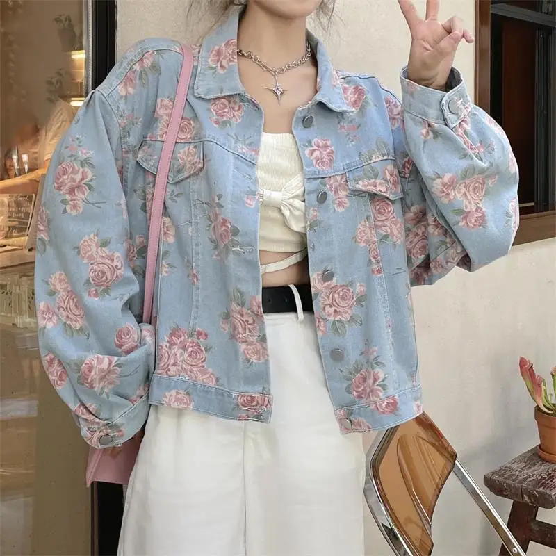 

Women Clothing Oversize Flower Print Denim Coat Spring and Autumn Loose Korean Stylecasual Fashionable Sweet Chic Top for Women