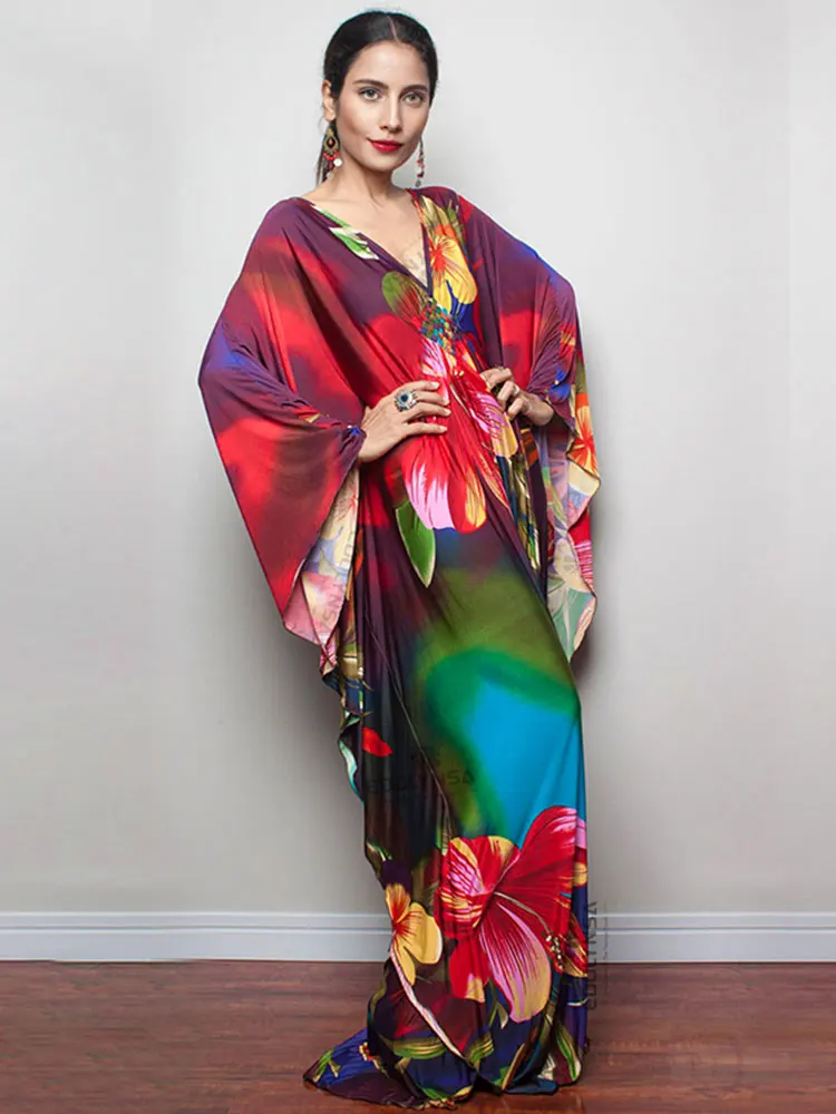 Floral print maxi dress batwing sleeve tunic summer beach dress casual plus size kaftan women beachwear cover-ups beach cover swimsuit cover beach dress