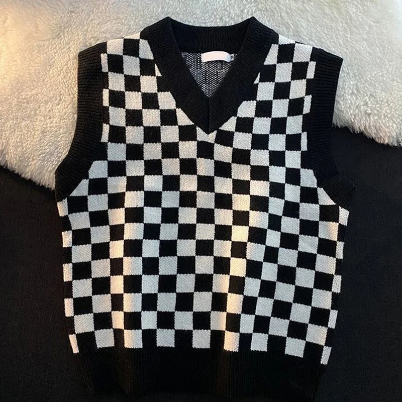 Black White Checkerboard Plaid Print Vest Sweater Autumn Winter V