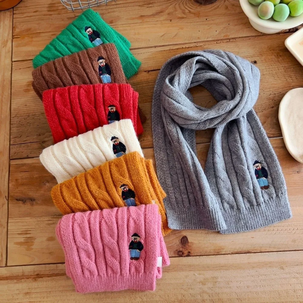 Fashionable Thicken Children's Knitted Scarf Solid Color Keep Warm Infant Neckwarmers Bear Embroidery Children's Winter Scarf