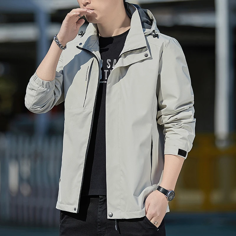 New Spring and Autumn Men's Jacket Jacket Black Casual Hooded Bomber Jacket Fashion Solid Color Streetwear Waterproof Men's Wear