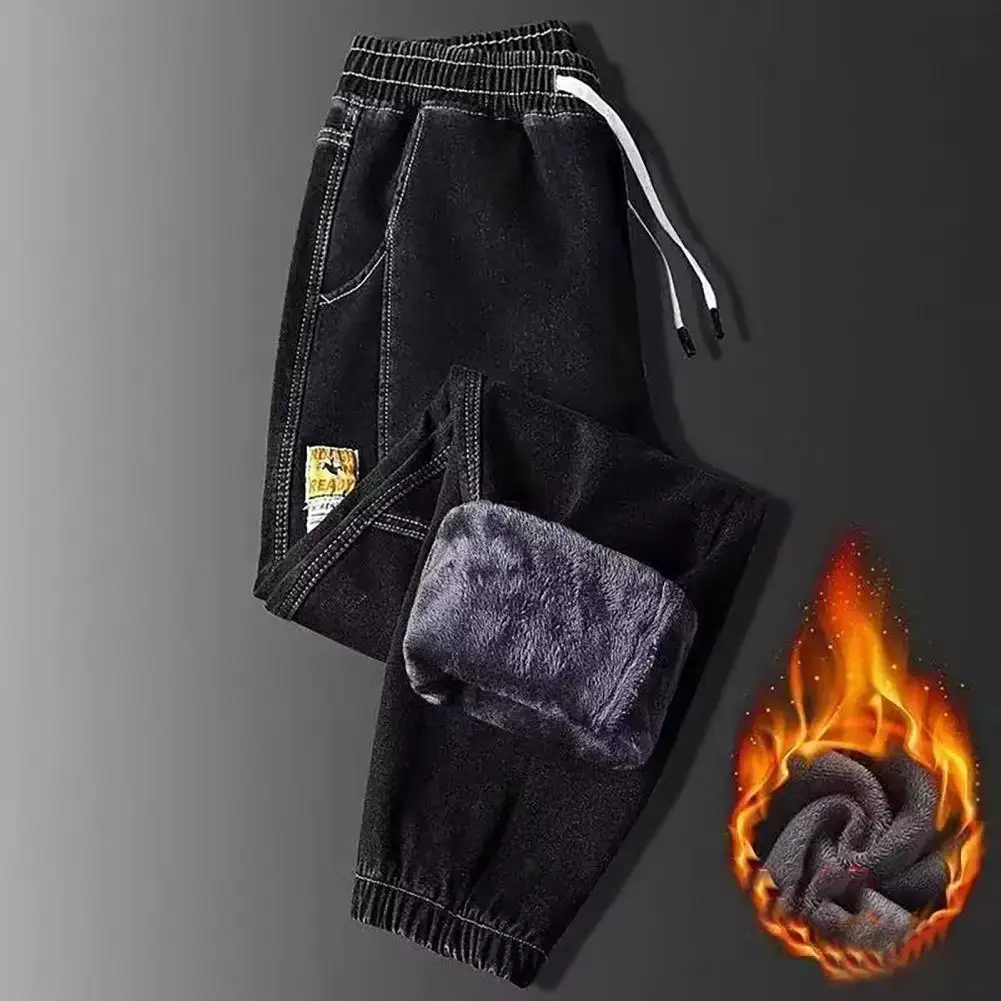 

Men Fleece-lined Jeans Men's Plush Lined Drawstring Jeans with Elastic Waist Pockets Cozy Winter Trousers for Casual Comfort Men