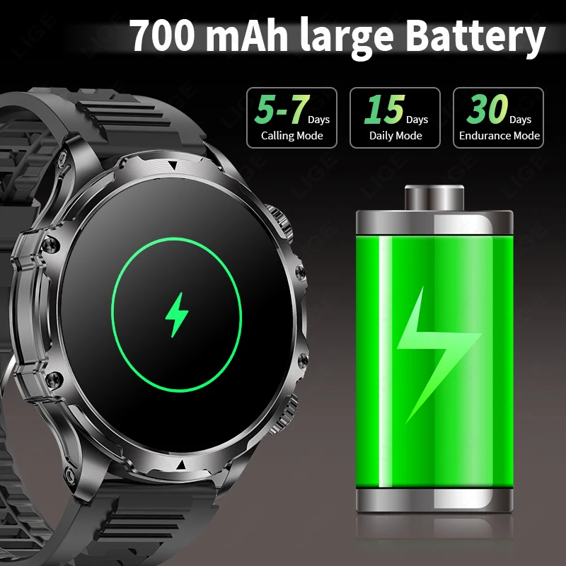 LIGE Smartwatch Military Men 1.9" HD Screen Flashlight Waterproof 700mAh Battery Heart Rate BT Call Smart Watch For Android IOS