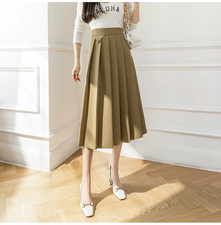 2022 Spring Summer Women's Elegant Pleated Suit Skirts High Waist Fashion Office Ladies Elastic Waist A-line Midi Skirt Vintage brown skirt