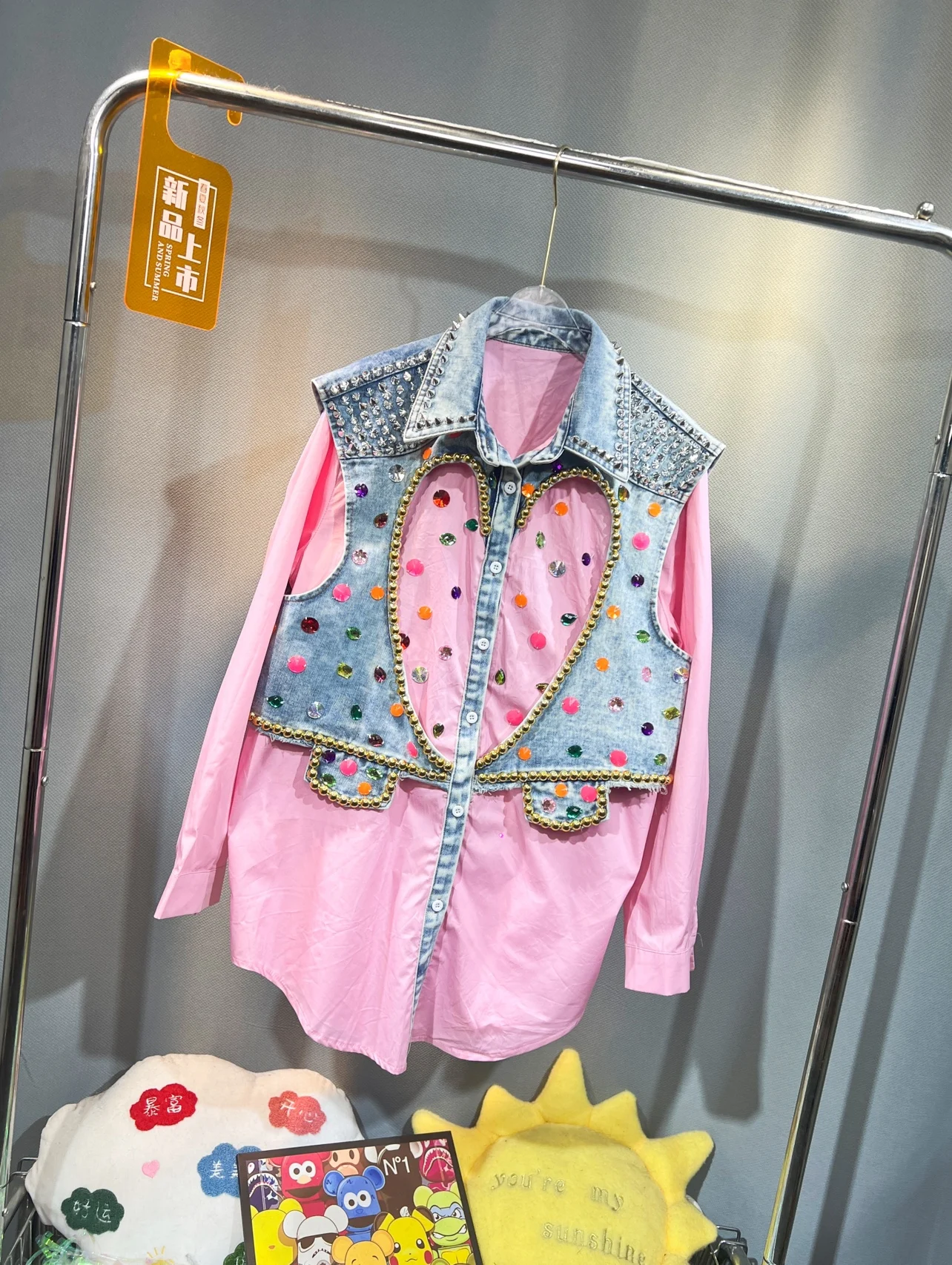 Women Spring Diamonds Beaded Denim Vest Rivets Shirts