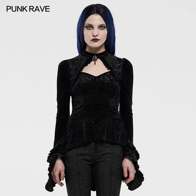 PUNK RAVE Women's Gothic Velvet Shadow Flower T-shirt Gorgeous Hollow Out  Heart-shaped Bandeau Collar Irregular Cuff Top - AliExpress