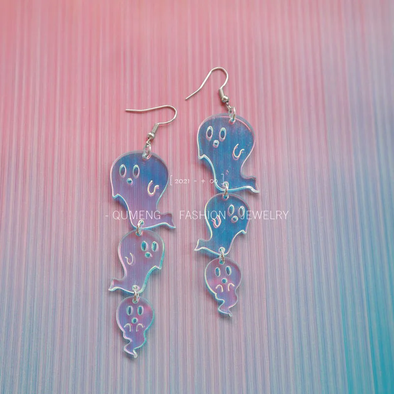 

New Unique Halloween Acrylic Patchwork Ghost Earrings with Laser Illusion Long Cute Women's Earrings As Party Gift for Her