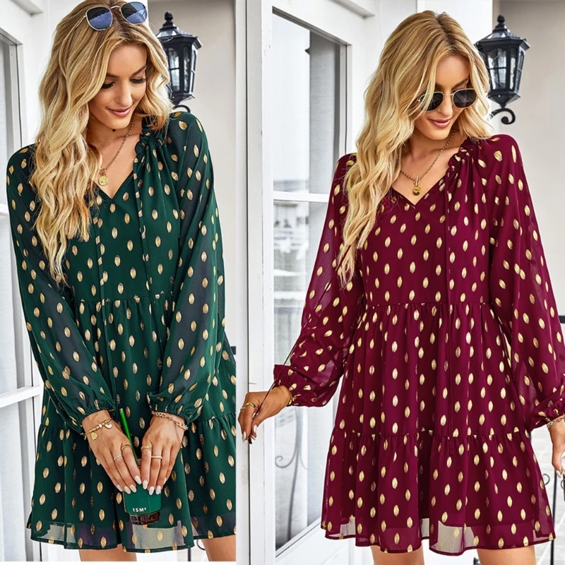 

V-Neck Drawstring Puff Long Sleeve Metallic Dot Ruffled Hem Mini Dress