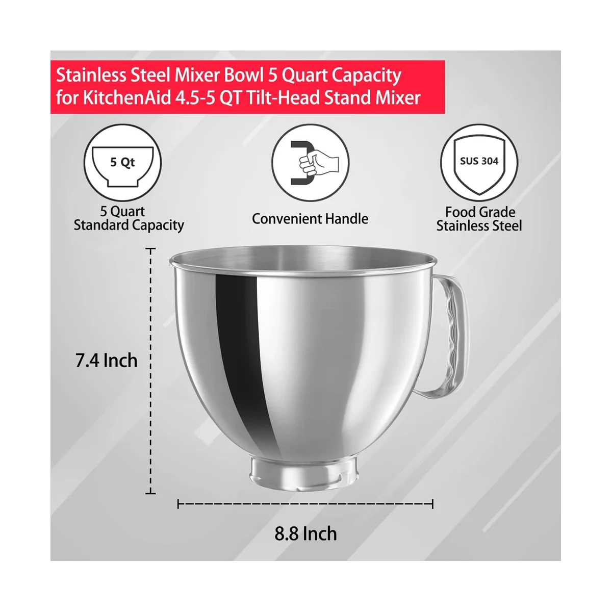 Ciotola In Acciaio Inossidabile Per Kitchenaid Classic & Artisan Series 4.5-5 Qt Miscelatore A Testa Inclinabile, Ciotola In Acciaio Inossidabile 304 