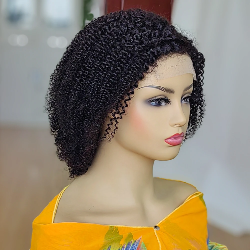 Parrucca in pizzo con chiusura 4x4 riccia Jerry 4C Kinky Edges, parte laterale, 100% capelli umani, pre-pizzicata, parrucca frontale in pizzo corto_voghion.com