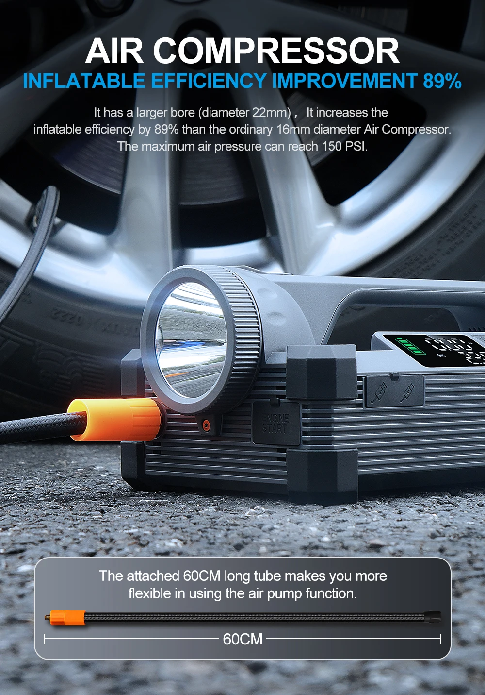 Car Jump Starter 6000A/12V with Air Compressor Tire Inflator for Car,15W Flashlight and Camping, PD 100W Power Bank 3