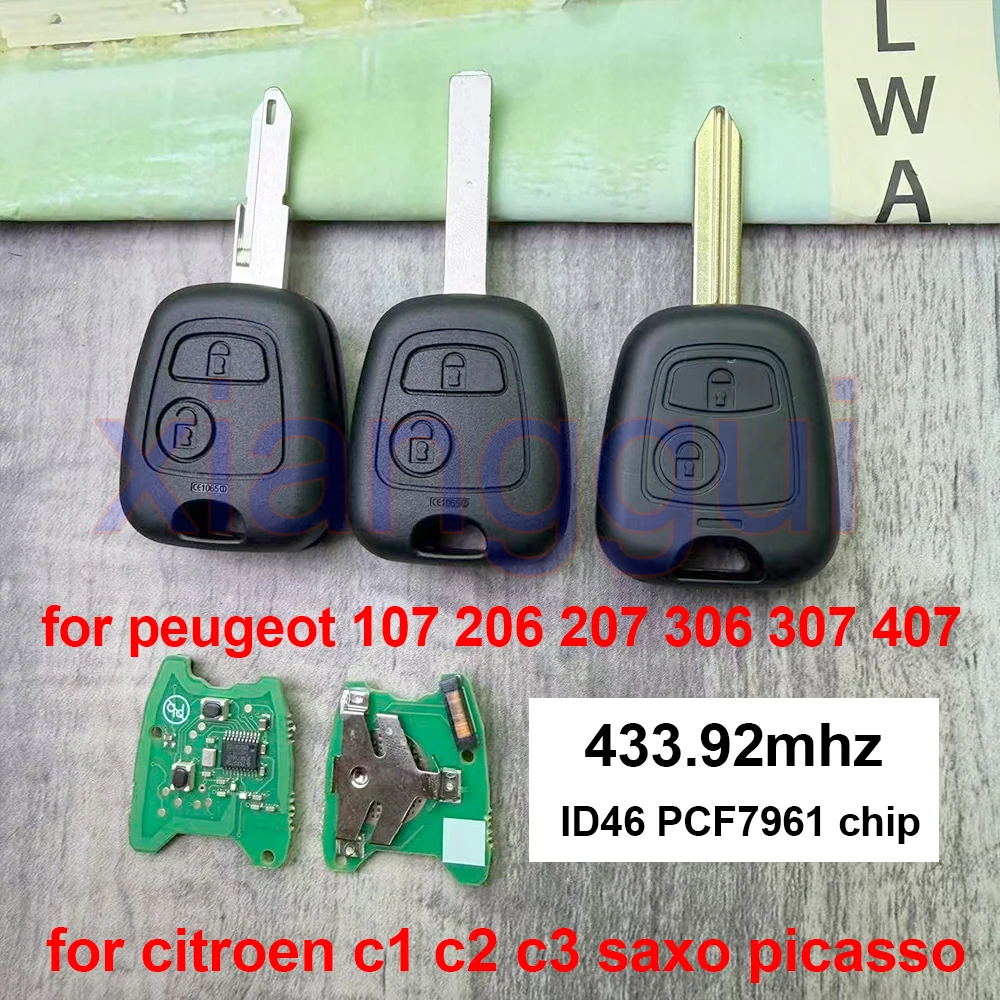 รีโมทกุญแจรถยนต์ 2 ปุ่ม ชิป ID46 PCF7961 ความถี่ 433.92MHZ สำหรับ Peugeot 107 206 207 306 307 407 และ Citroen C1 C2 C3 Saxo Picasso