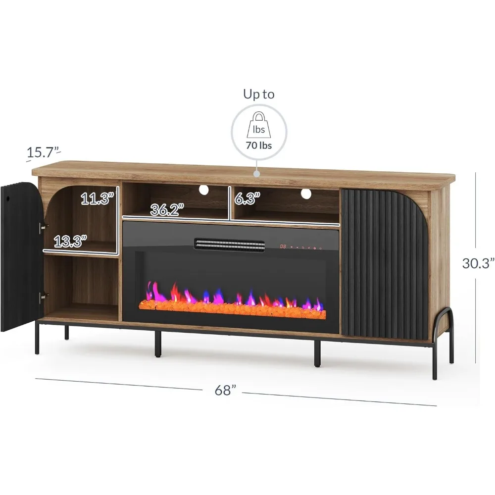 68" Fluted TV Stands with 36" Electric Fireplace, Modern Entertainment Center with Storage for TVs Up to 75", Media Cons 2