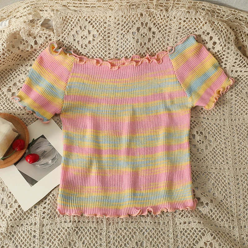 

Colorful Striped Knit T-shirt Women's Summer Short Sleeve Chic Wooden Ear Off Shoulder Slim Short Y2k Tops Women Clothes
