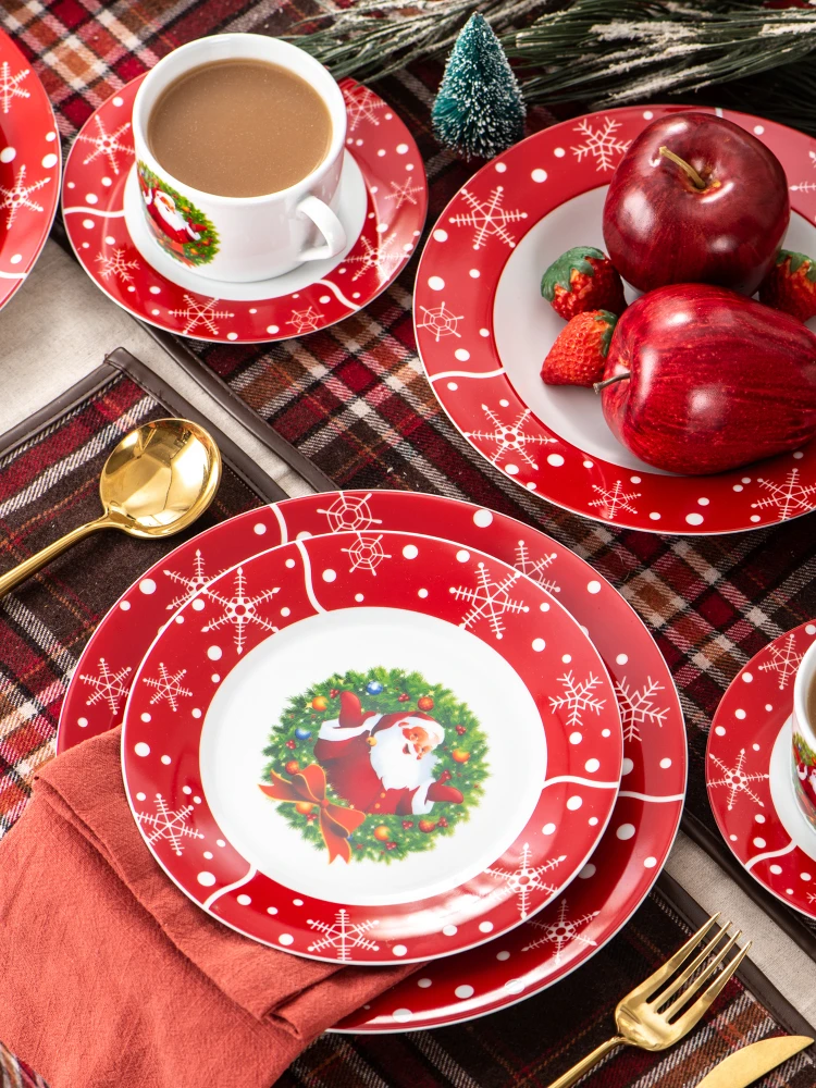 Service de Table Service de vaisselleEnsemble de Vaisselle en Porcelaine à  Motif de Noël de 30 pièces avec 6 Tasses, soucoupes, Assiettes à Dessert,  Assiettes à Soupe, Assiettes à dîner : 