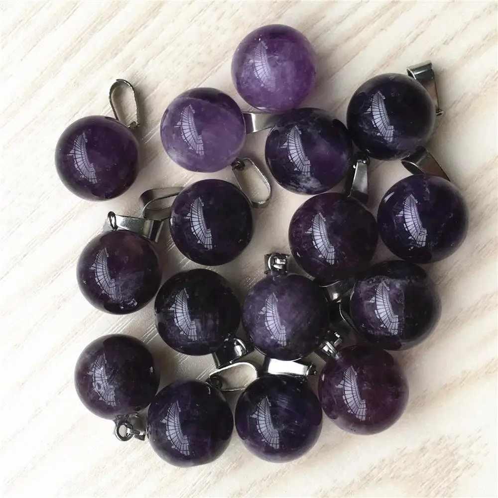 Wholesale 24PC/Lot Fashion Natural Amethysts Purple Crystal Stone Round Ball Pendant Necklace For Womem Jewelry Making 14MM