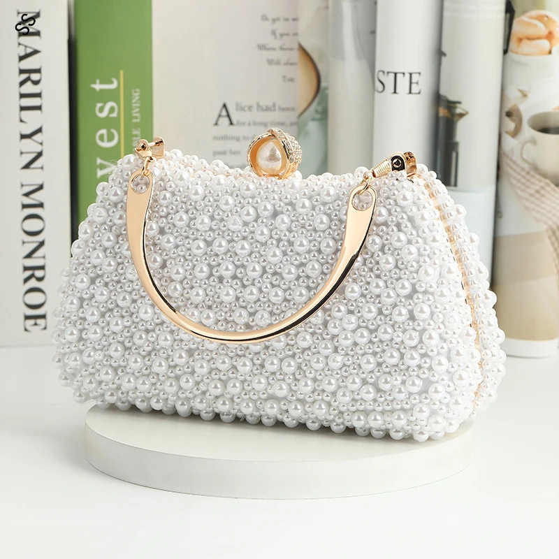 Handmade Pearl Beads Bags for Women, Fashionable Handbags for Wedding Party, Free Shipping, 22*12*9 cm