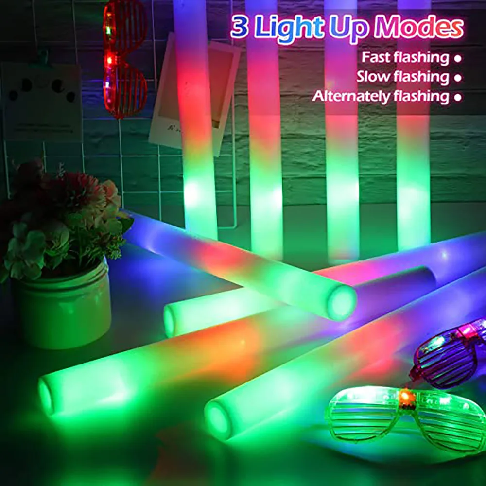 100pcs 18.9 LED Light Up Foam Sticks Flashing Glow Wand Tube