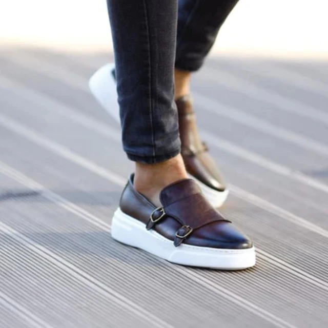New Black Men's Vulcanize Shoes Brown Slip-On Sneakers Double Buckle Monk Shoes Handmade Men Shoes Size 38-46 2